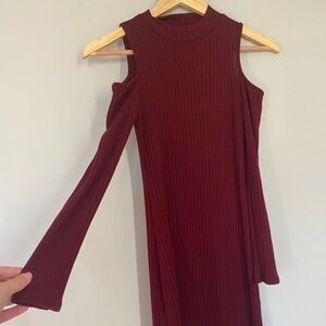 One Clothing Burgundy Ribbed Cold Shoulder Dress Size Extra Small
